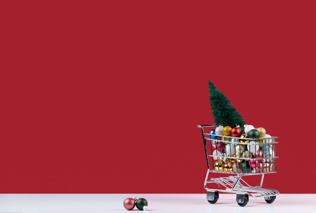 Shopping cart filled with Christmas decorations