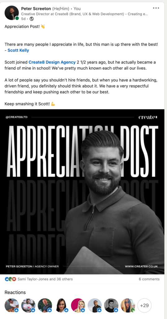 Screenshot of Pete's LinkedIn. An appreciation post in the style of his personal brand