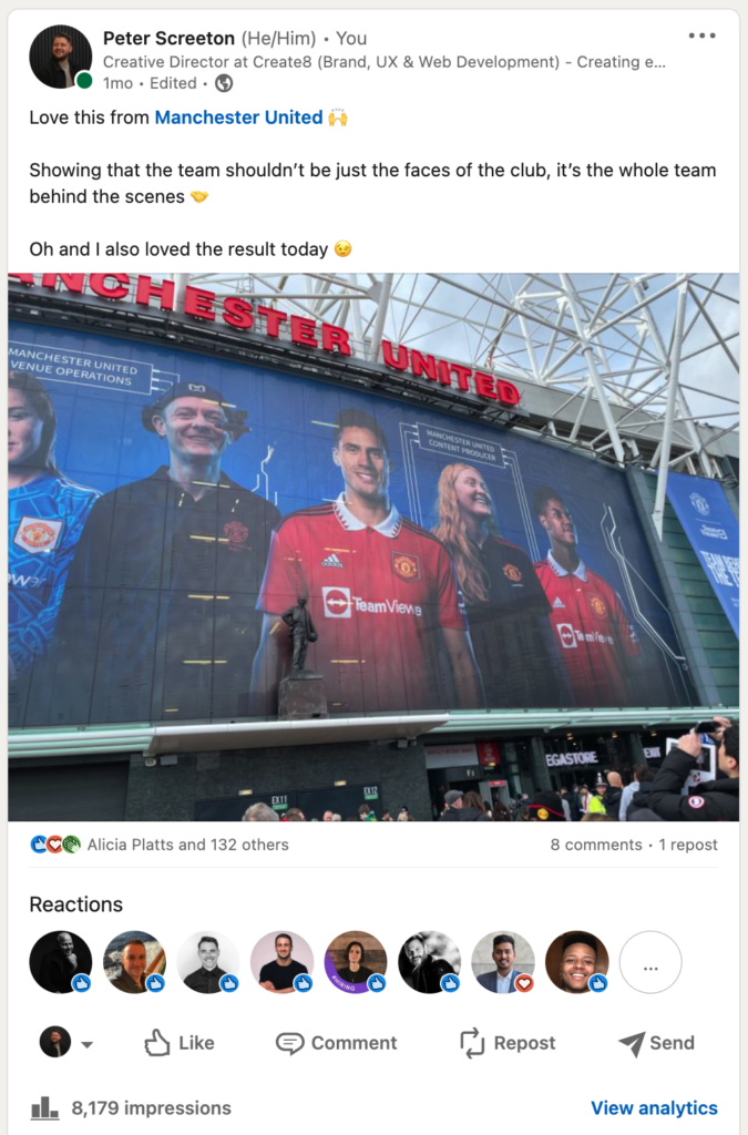 Screenshot of Pete's LinkedIn. A post about team work in the style of his personal brand