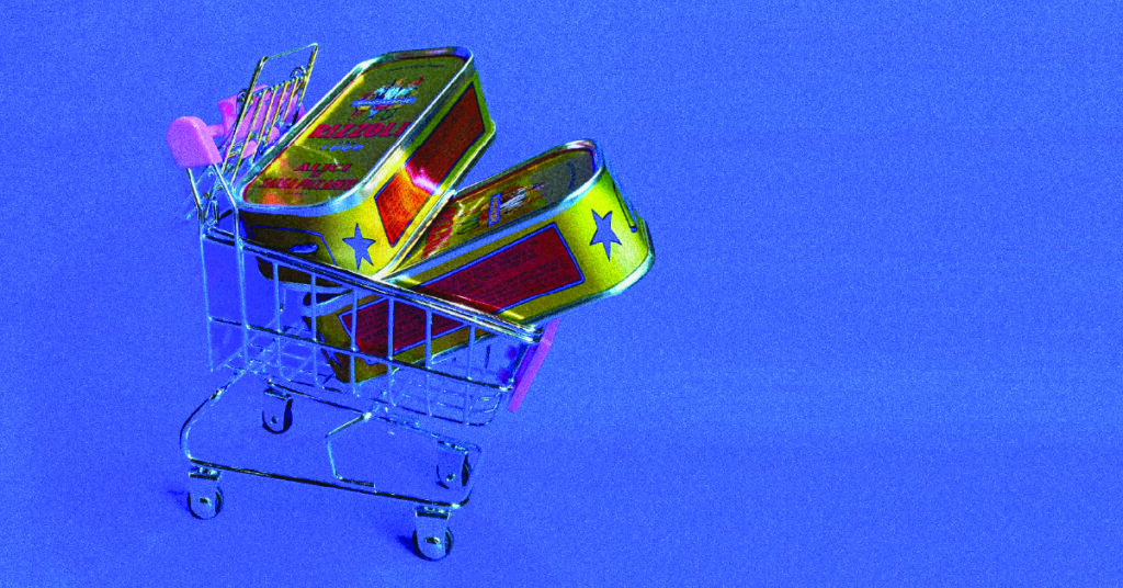 A graphic of oversized tinned food products in a shopping cart