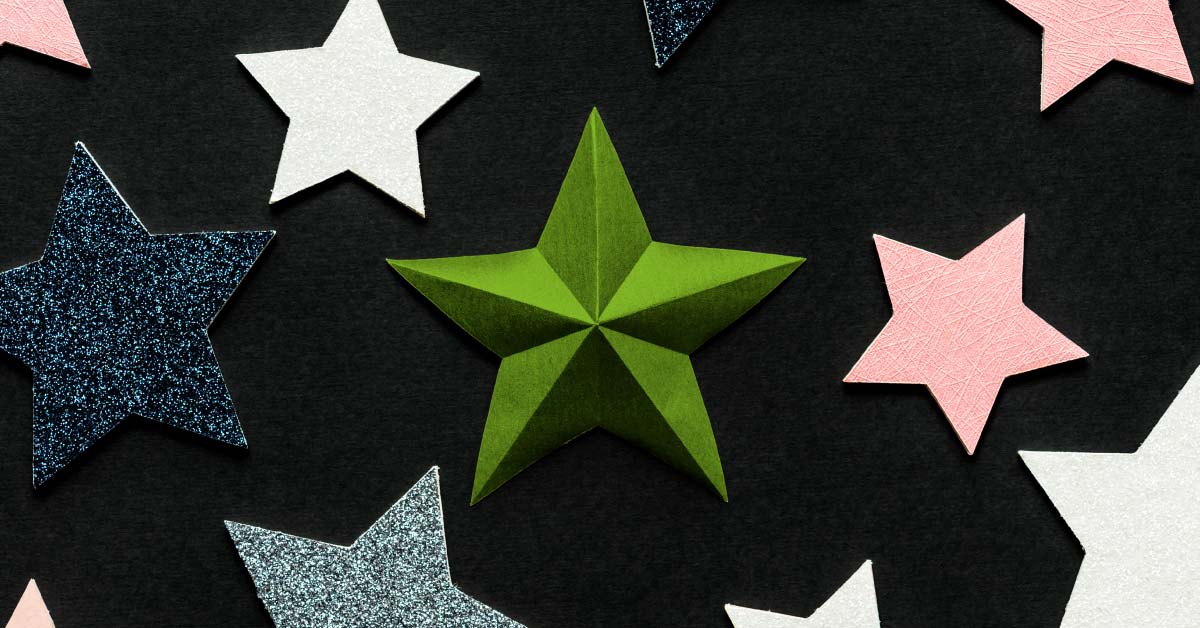 5 star review against a black background
