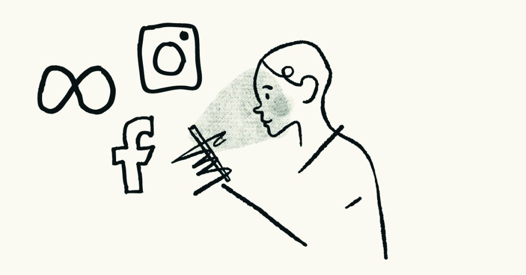 sketch of a person looking at the phone with Facebook, Instagram & Meta logos around