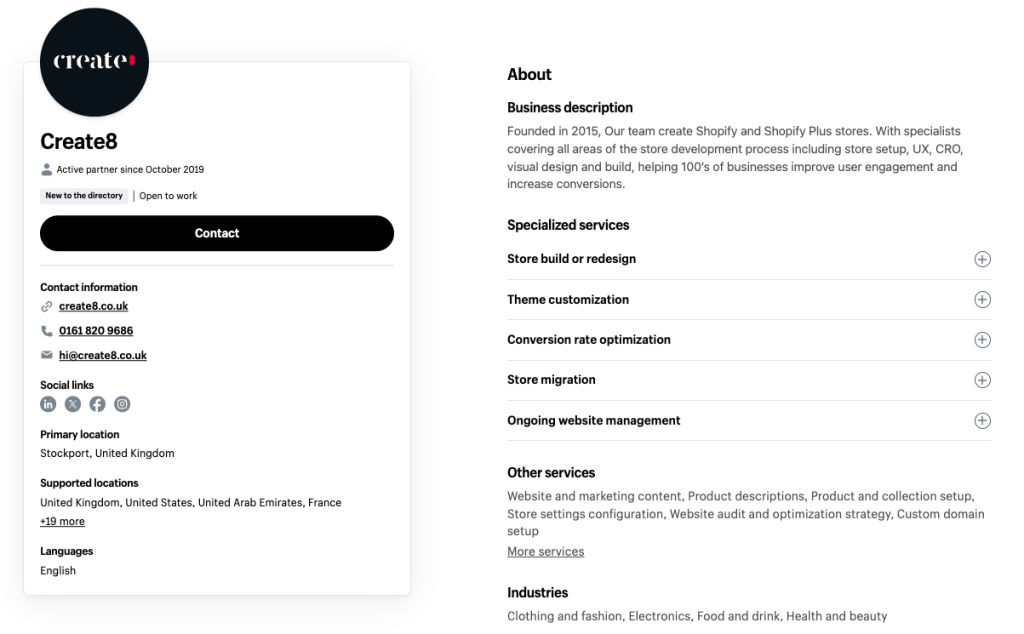 Create8's Shopify Partner Directory page