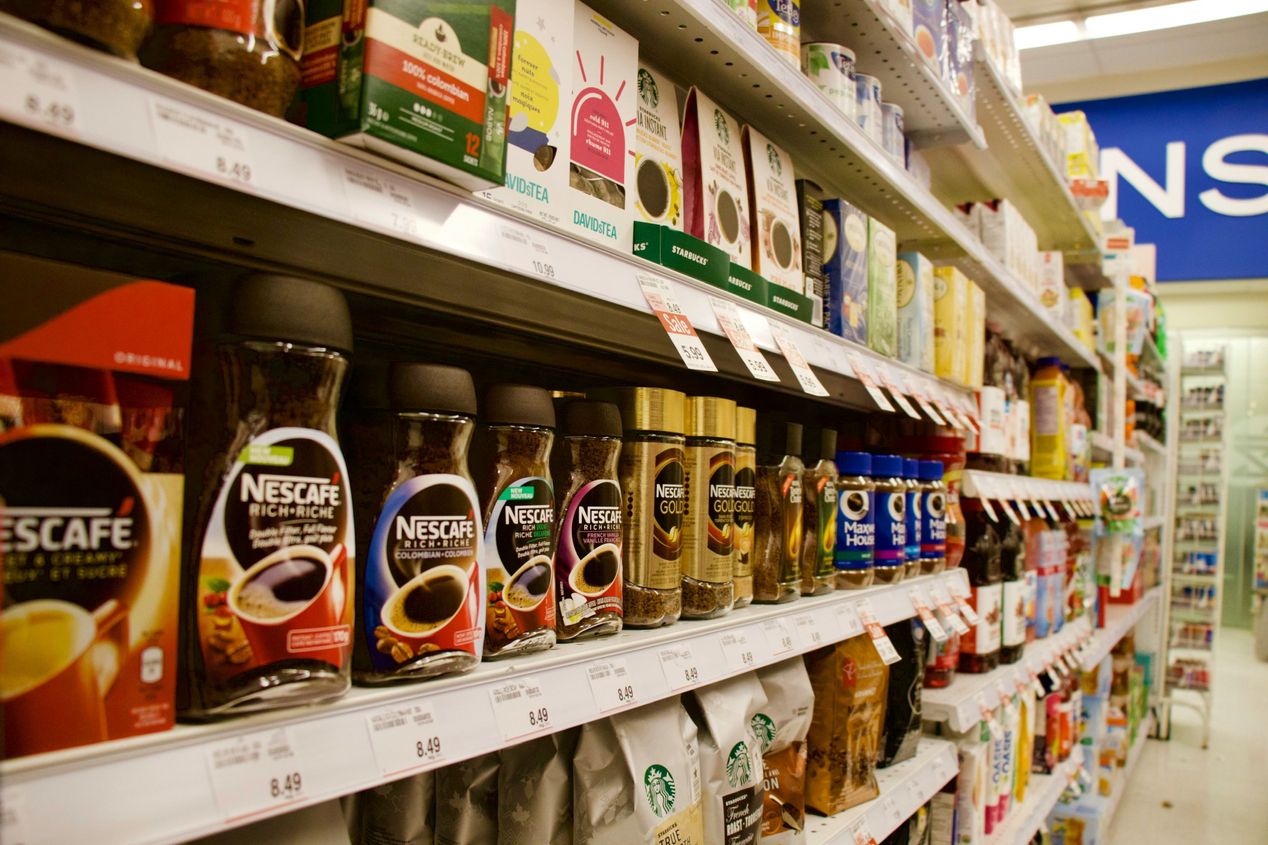 Product packaging on supermarket shelves