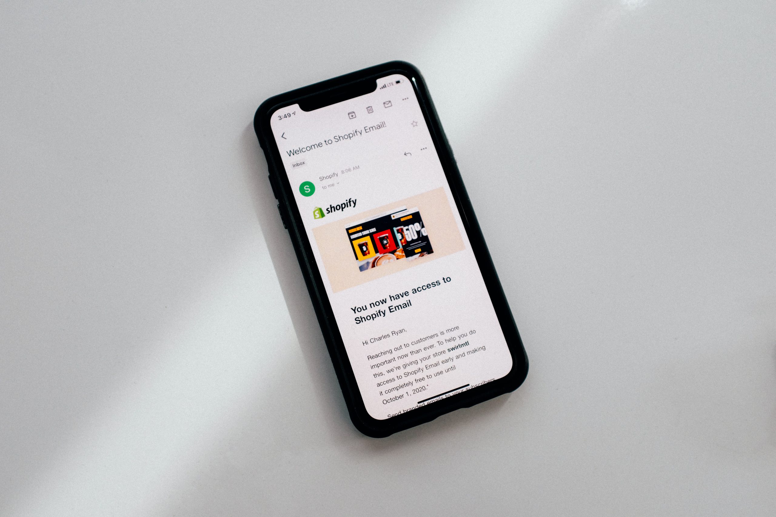 Welcome to Shopify email displayed on a smartphone