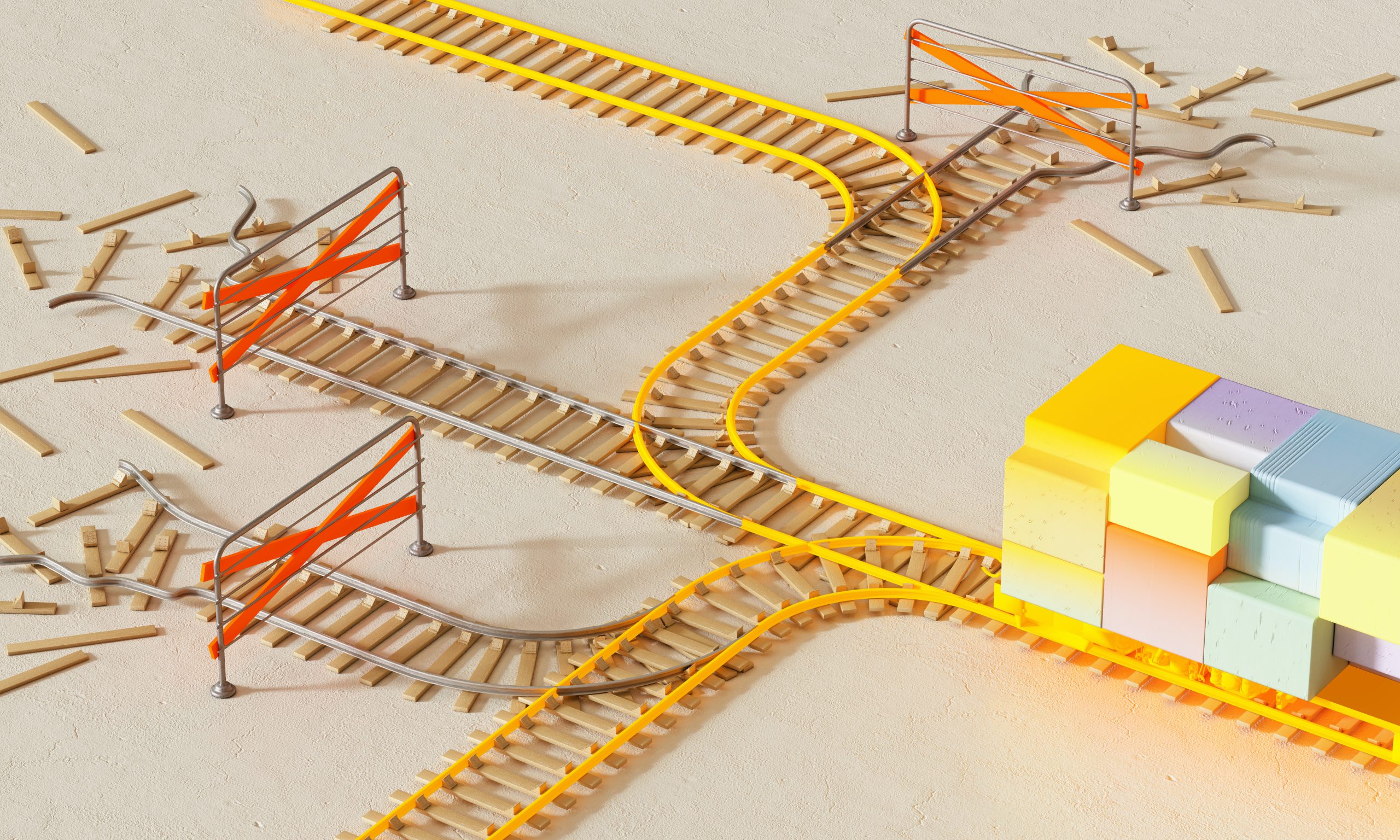 An AI generated image of a train moving down a broken train track and repairing as it goes