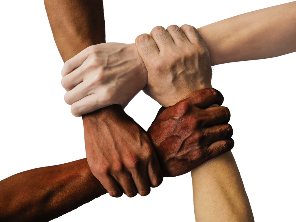 Four hands clasped together to represent embracing diversity in brand values